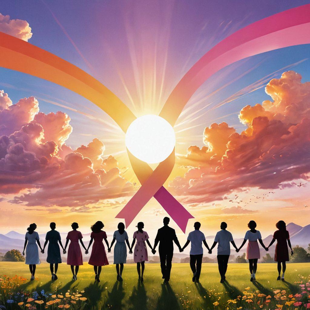 A radiant sunrise illuminating a diverse group of people standing together, holding hands in support of cancer awareness, with vibrant ribbons representing various cancers fluttering in the breeze. In the background, a landscape depicting hope and resilience, with blooming flowers and soft clouds. The scene should evoke feelings of empowerment and community, using warm palette colors to create a sense of optimism. super-realistic. vibrant colors. inspirational.