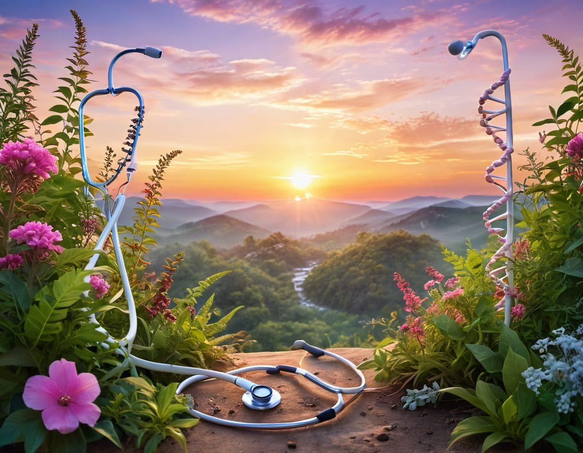 A serene scene showing an ethereal blend of healthcare symbols, such as a stethoscope, a DNA helix, and vibrant medicinal plants, under a calming sunrise backdrop. Include elements representing cancer awareness, like a pink ribbon woven through nature. Surround it with ethereal light effects and soft colors to evoke hope and healing. super-realistic. vibrant colors. peaceful ambiance.