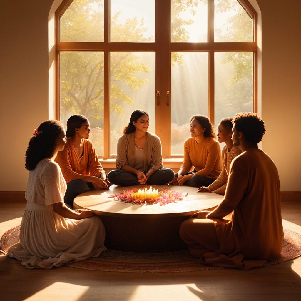 A warm and inviting scene of diverse individuals sitting in a circle, sharing stories and supporting each other, with soft sunlight streaming through a window, creating a sense of hope and empowerment. Incorporate symbols of strength, like a blooming flower and warm colors, representing growth and community. super-realistic. warm tones. soft lighting.